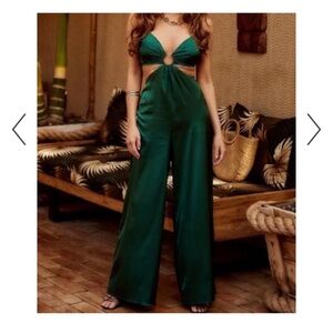 Elegant Green Satin Jumpsuit with Gold Waist Chain